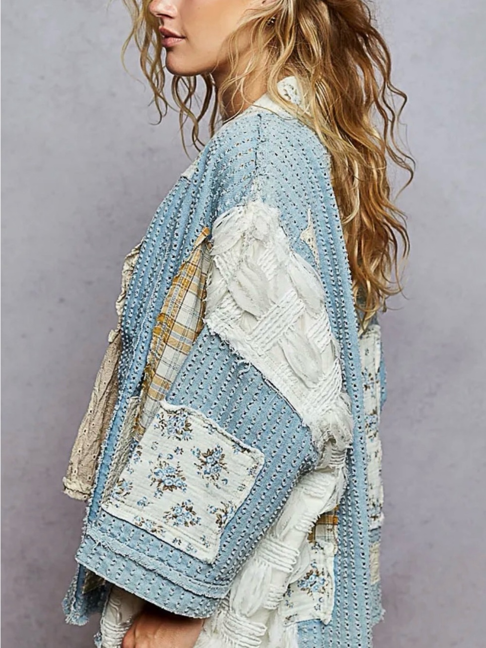 NWT POL Light Blue Quilted Patchwork Kimono Jacket ๐ผ โจ - Picture 2 of 3